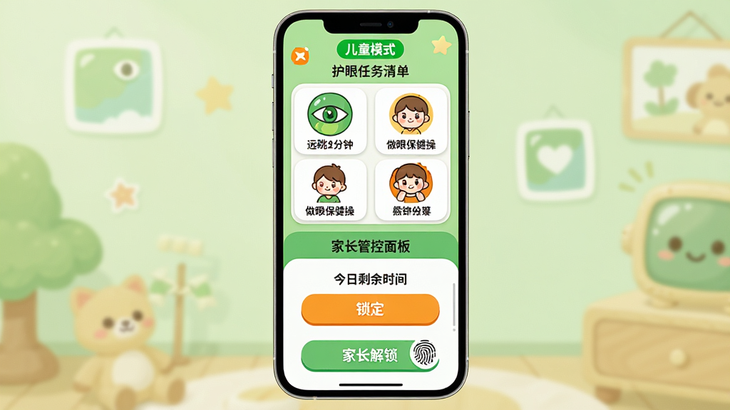 ���壺�ֻ���Ļչʾ��С���ۡ���ͯģʽ���棬�ϰ벿��Ϊ��ͨ���Ļ��������嵥���°벿��Ϊ�ҳ��ܿ���壬��ʾ����ʣ��ʱ����������ť�����֣��ֻ����У��������·ֲ㣬�����С���ͯģʽ����ɫ��ǩ���в�����ͼ�����У��ײ��С��ҳ���������ť���Ű棺��Ƭʽ���֣���ͨͼ����������ɫ����������񣺿�ͨ�ɰ������ɫ���ɫ��׺��ϸ�ڣ�����ͼ�������Զ��2���ӡ������۱����١����ҳ���ť����ָ��ͼ�ꡣ���ʣ��߱��棬ɫ�����ޣ��ɾ��޶���Ԫ�ء�