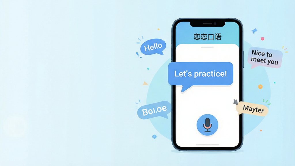 ���壺һ�������ֻ���Ļ��ʾ���������APP���棬���������¼�Լ�����֣��ֻ�λ�ڻ�������ƫ�ң�������ף�����Ϊ���ŵ�ǳ��ɫ���䣬Ӫ�����ɵ�ѧϰ��Χ���Ű棺�ֻ�������չʾһ������Ի����ݣ�����������Ϊ��Let's practice!���������·�����˷�ͼ�ꡣ��񣺱�ƽ��ʸ���廭���ɫ�����죬ϸ�ھ��¡�ϸ�ڣ��ֻ���ΧƯ����Ӣ�ĵ��ʺͶԻ�СԪ�أ��硰Hello������Nice to meet you�������ʣ����壬�ɾ����޶���Ԫ�ء�