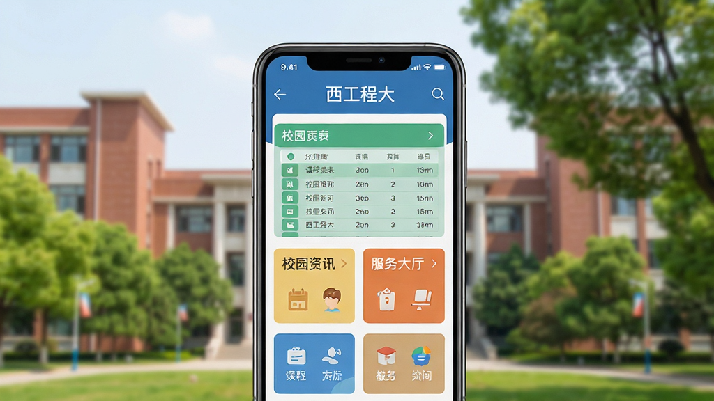 ���壺�����̴�app����չʾ���ֻ���Ļ��ʾУ԰��ҳ�������γ̱���У԰��Ѷ�����������ģ�顣���֣����й�ͼ���ֻ�λ���Ӿ����ģ�����ΪУ԰��ѧ¥���������Ű棺����Ԫ��������ɫ�����죬���ñ�ƽ����Ʒ��ϸ�ڣ���Ļ�������֡������̴󡱣����ʸ��壬�ɾ����޶���Ԫ�ء�