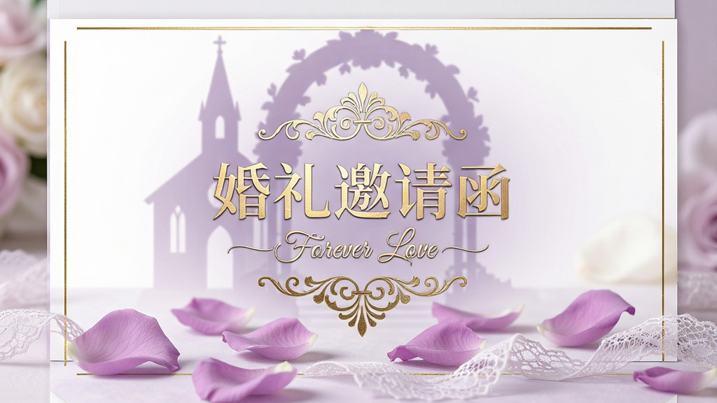 主体:浪漫紫色婚礼请帖PPT模板的封面展示,画面中央是烫金花纹装饰的“婚礼邀请函”字样,底部散落着紫色花瓣与蕾丝缎带。布局:居中对称构图,封面标题置于视觉中心,四周留白以突出主体。排版:标题采用优雅的衬线字体,副标题“Forever Love”以手写体点缀,文字边缘清晰。风格:梦幻浪漫,融合欧式复古与现代简约,色调以香芋紫、淡紫、白色为主,搭配细腻的金色线条。细节:花瓣纹理清晰可见,光影柔和自然,背景隐约透出教堂与花拱的剪影。画质:超高清8K渲染,画面干净透亮,无多余元素。