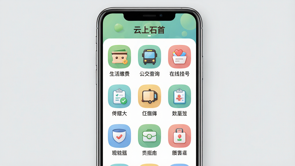 ���壺�ֻ���Ļչʾ������ʯ�ס��������ҳ�棬ҳ���ԾŹ�����ʽ���и������ͼ�ꡣ���֣��ֻ��������У�����Ϊǳ��ɫ���Ű棺ͼ���������У�ÿ��ͼ���·������������ơ����������Ȼ���ͼ�����Բ��ɰ���ϸ�ڣ�ͼ�����������ɷѡ�����������ѯ���������߹Һš��ȡ����ʣ����壬�ɾ����޶���Ԫ�ء�