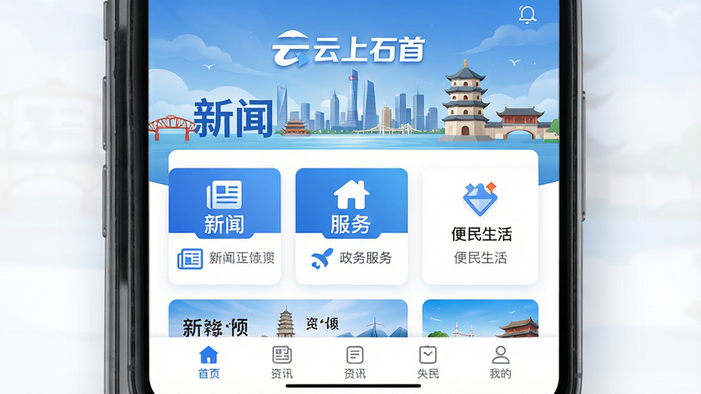 ���壺�ֻ���Ļչʾ������ʯ�ס�APP�����棬���涥����ʾ��������߱����롰����ʯ�ס�����Logo�����֣���������չʾ������Ѷ��������񡢱�������������ģ��ͼ�꣬�·����еײ����������Ű棺�ִ���Լ��UI��ƣ���Ƭʽ��Ϣ�����֣�ɫ������ɫ�Ͱ�ɫΪ������񣺱�ƽ����ƣ��Ƽ���������н�ϡ�ϸ�ڣ���Ļ��ͻ�������š��������񡱡����ҵġ������ֱ�ǩ����������ʯ�׵��صر�Ԫ�ء����ʣ����壬�ɾ����޶���Ԫ�ء�