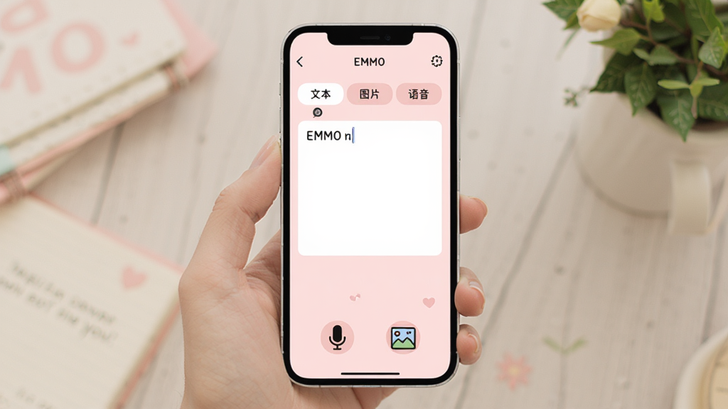 չʾEMMO�ռǶ�������¼��ʽ�Ľ��棬����Ϊ�ֻ���Ļ����Ļ����ʾһ���༭ҳ�棬�����С��ı�������ͼƬ������������������ǩҳ���м����������򣬵ײ�����˷�����ͼ�꣬����Ϊǳ��ɫ���Ű��࣬���ɰ����£����ʸɾ����޶���Ԫ��