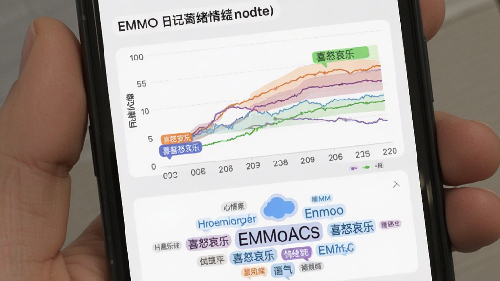 չʾEMMO�ռ�����׷�ٹ��ܵĽ�ͼ����������Ϊ�ֻ����棬��ʾһ������ͳ��ͼ������Ϊ���ڣ�����Ϊ����ֵ��ͼ���ò�ͬ��ɫ��עϲŭ���֣��·��������ǩ�ƣ�����Ϊǳ��ɫ���Ű����࣬����ִ���Լ�����ʸɾ����޶���Ԫ��