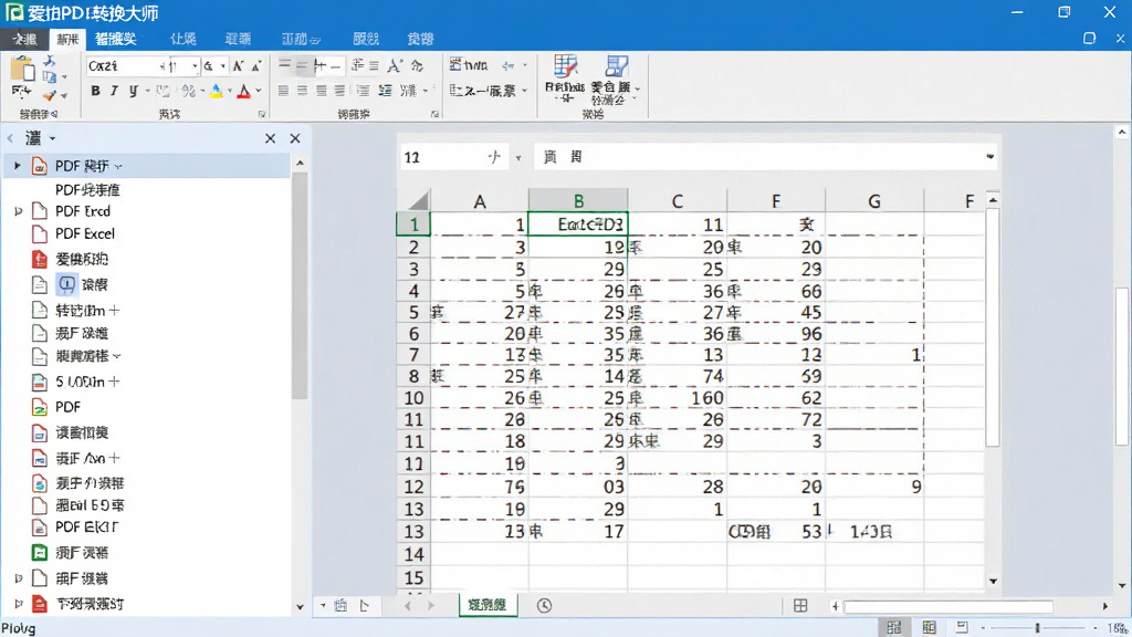 一张爱拍PDF转换大师处理PDF转Excel的界面截图,右侧显示Excel表格预览,左侧为PDF文件列表,表格中带有数字与文字数据,软件界面以蓝色和白色为主调,整体清晰专业,画质高清