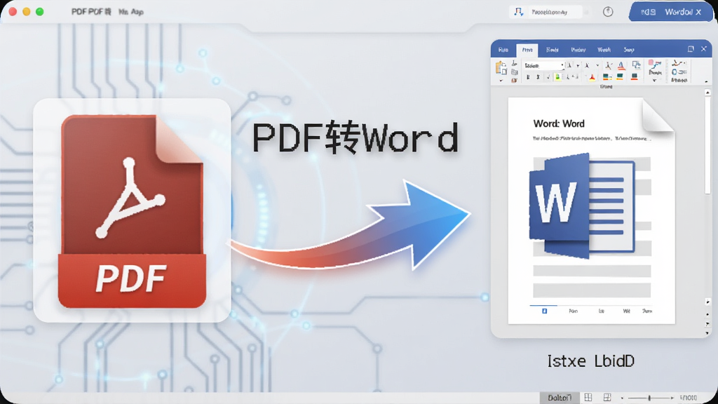 展示爱拍PDF转换大师将PDF文件转换为Word文档的过程示意图,画面左侧为PDF源文件图标,右侧为转换后的Word文档预览,中间有动态箭头连接,配以“PDF转Word”文字标注,背景为浅灰色科技感界面,风格写实,画质干净明亮