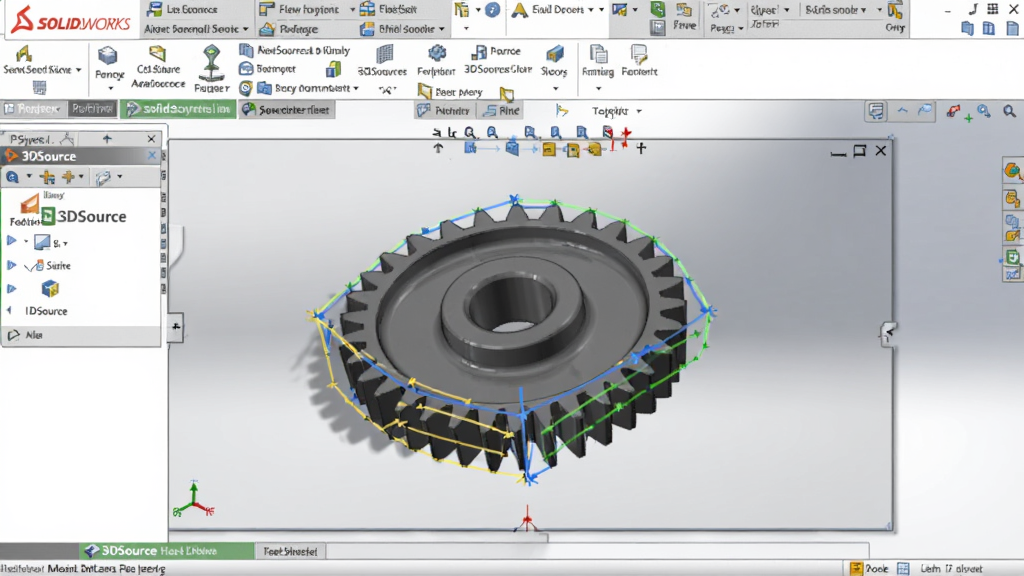画面主体为SolidWorks软件界面中嵌入的3DSource零件库插件工具栏,一个齿轮模型正被拖拽至装配体工作区,布局以软件窗口为主,风格为工业软件写实风,细节突出“3DSource”插件图标与吸附过程的高亮线条,画质高清,画面简洁无干扰。