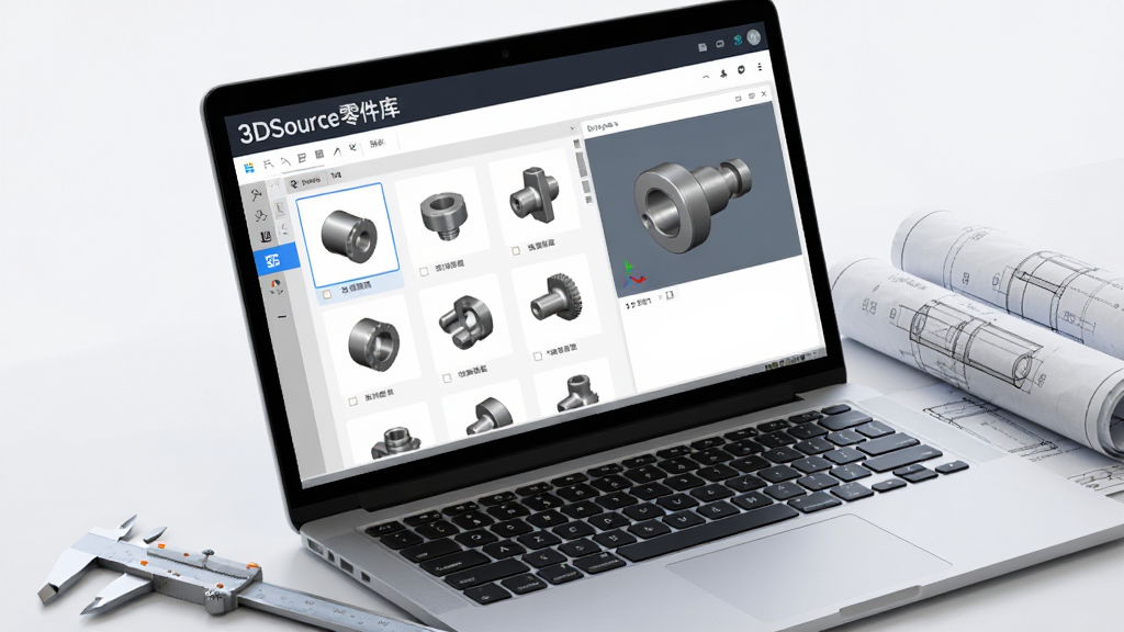 画面主体为一台运行着3DSource零件库客户端的笔记本电脑,屏幕中央显示着三维零件模型列表与预览窗口,键盘旁散落着游标卡尺和设计图纸,布局为电脑屏幕特写与桌面环境融合,排版以对角线构图突出软件界面,风格采用写实科技感,细节包括界面中可见“3DSource零件库”字样与各类标准件缩略图,画质为8K超清,画面干净无多余元素。
