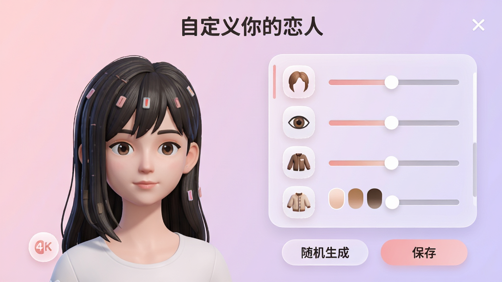 ���壺���ƴ�Ԫ���ˡ��������棬���Ϊ3D��ɫ����ģ�ͣ��Ҳ�Ϊ���������������֣����ҷ�������ɫģ��λ�ڻ������ƫ�У��Ҳ����з��͡��۾�����װ��ͼ��˵����Ű棺����������ʾ���Զ���������ˡ����⣬�ײ�Ϊ��������ɡ��롰���桱��ť��������¼�Լ��UI��ƣ�ǳ���뵭�Ͻ��䱳����ë�����ʸ���塣ϸ�ڣ���ɫͷ��˿�������������ɫɫ����Ȼ���ɣ�����ͼ��Բ��ͳһ�����ʣ�4K���壬���������޾�ݣ��ɾ��޶���Ԫ�ء�