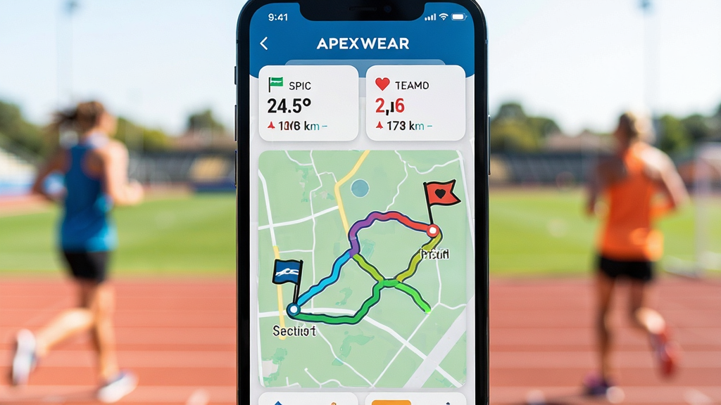 һ��ApexWear�˶���¼ҳ���ʵ��ͼ���������ֻ���Ļ����ʾ��һ����ɫ�˶��켣��ͼ��������յ������ı�־���Ϸ������������ʵ�ʵʱ���ݿ�Ƭ�����������������Ű�ֱ�ۣ�����Ϊ�˶���ģ�����󣬷��������У������������ɾ��޶���Ԫ�ء�