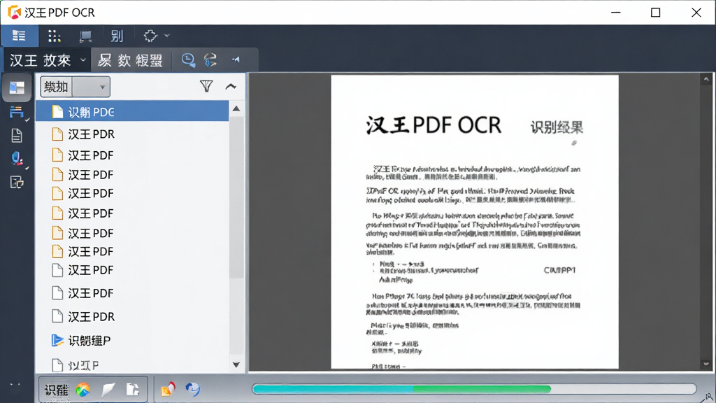 生成一张展示汉王PDF OCR软件主界面的图片,主体为软件窗口,左侧是文件列表,右侧是识别结果预览区,布局清晰,排版整齐,风格为现代商务风,细节包括工具栏按钮和识别进度条,画质清晰,干净无多余元素。