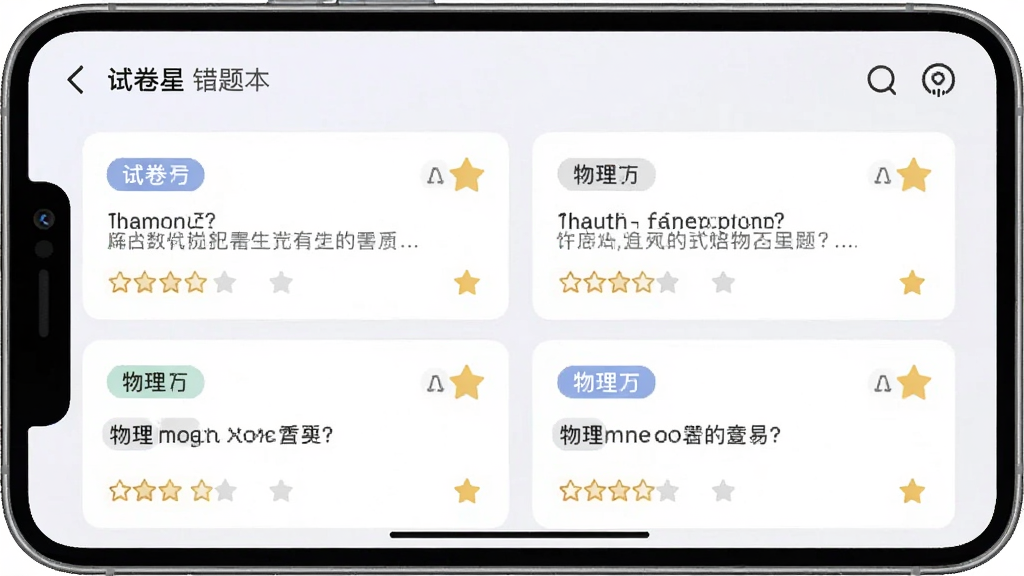 试卷星手机端错题本界面,展示按数学、物理分类的错题列表,每道题旁有科目标签和星标评级,界面采用卡片式设计,色彩柔和,排版整齐,画质清晰,无多余元素