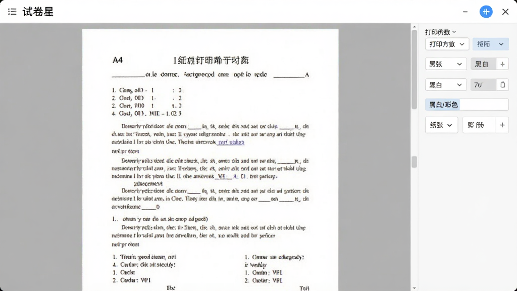 试卷星打印预览界面,纸张为A4大小,试卷内容清晰展示,右侧有打印份数、纸张方向、黑白/彩色等设置选项,整体风格简约务实,界面明亮,画质干净