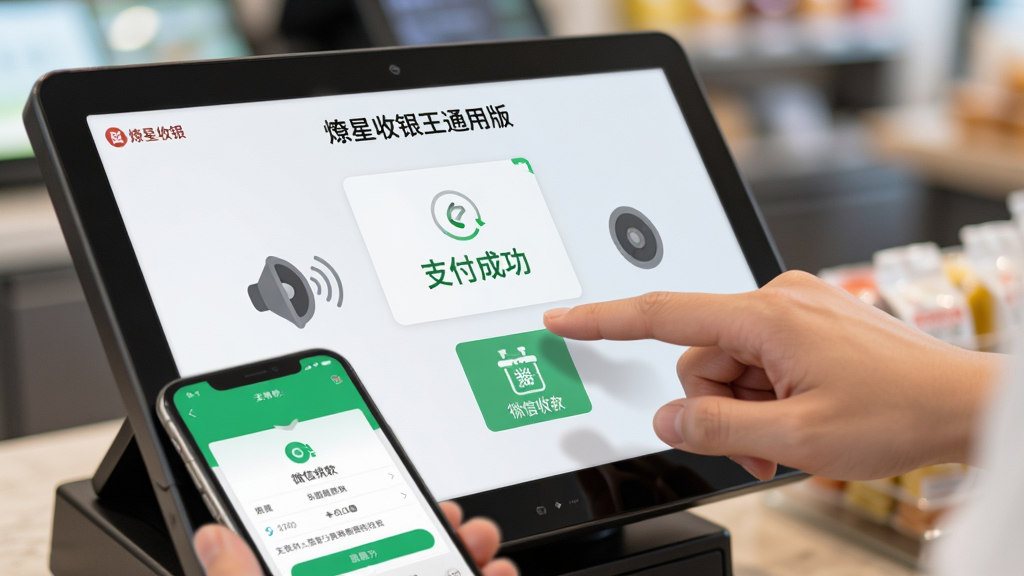 主体为收银员手指点击“燎星收银王通用版”触控屏上的“微信收款”按钮瞬间,布局为大特写镜头,背景虚化。排版聚焦于屏幕上的支付成功提示与音箱喇叭图形。风格写实,细节包含顾客手机上的支付反馈界面,画质明亮干净。