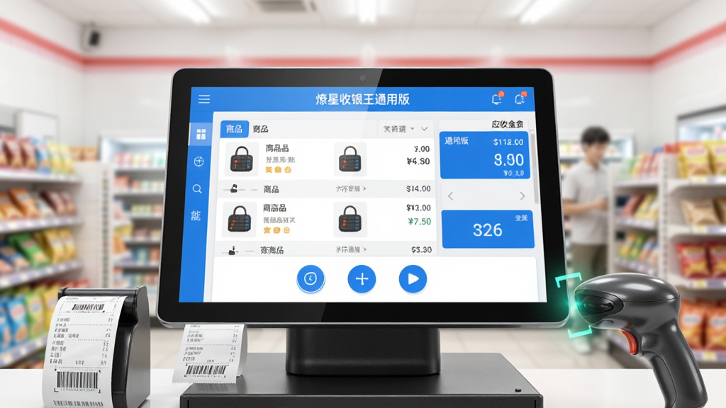 画面主体为安装在触屏一体机上的“燎星收银王通用版”主界面,屏幕中清晰显示商品列表、价格与应收金额。布局采用对称构图,收银机居中放置,背景为虚化处理的明亮便利店环境。排版简洁,突出软件界面的蓝白配色与圆形图标按钮。风格为写实3D渲染,细节包括收银小票打印和扫码枪反光,追求高清画质与干净画面,无多余元素。
