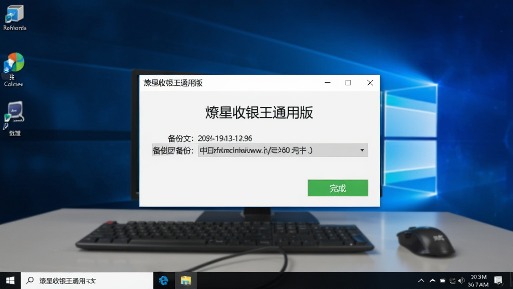 主体为电脑桌面上的“燎星收银王通用版”数据备份成功提示弹窗,布局以对话框居中展现。排版风格干净,背景为Windows桌面。细节包含备份文件路径与绿色的“完成”按钮,写实风格,画质清晰。