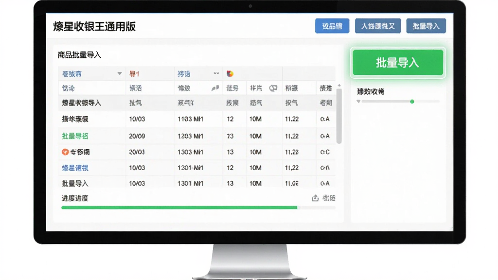 主体为电脑屏幕上的“燎星收银王通用版”商品批量导入界面,布局展示数据表格与进度条。排版将功能按钮置于界面右上角,风格为扁平化UI设计,细节上突出“批量导入”按钮的绿色高亮。画质干净清晰,无多余装饰元素。