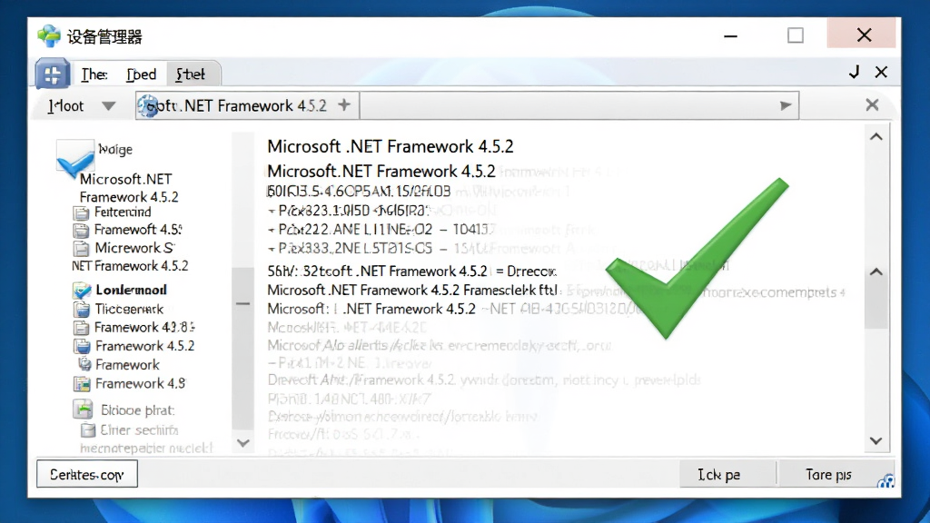 ���壺�򿪵��豸���������ڣ���ʾMicrosoft .NET Framework 4.5.2 �Ѱ�װ�ɹ����Ա���һ����ɫ�Թ������֣���ͼ���У�����Ϊ��������ɫ���档�Ű棺���ڱ������С��豸����������������������ϸ�İ汾��Ϣ�������ʵ��ͼ���ϸ�ڣ��Թ����������ڱ�Ե����Ӱ�����ʣ����壬�ɾ����޶���Ԫ�ء�