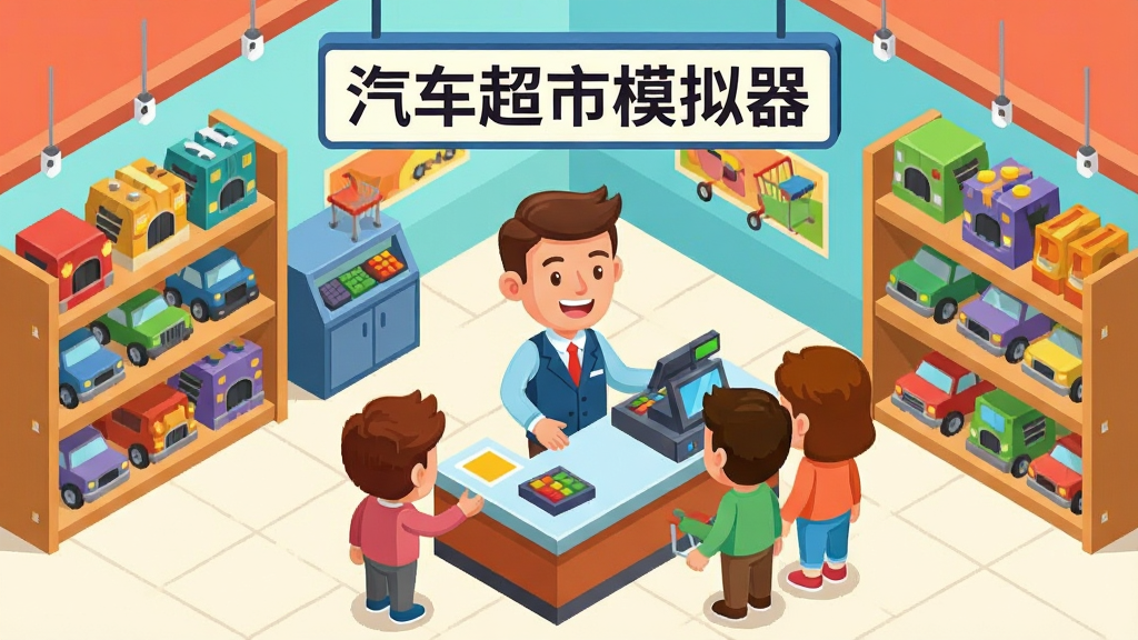一名卡通经理站在汽车超市收银台后,面带微笑迎接顾客。画面采用等轴测视角,展示超市内部货架、收银机、顾客等元素。风格轻松活泼,色彩明快。布局上,经理位于中央,两侧货架延伸,顶部悬挂“汽车超市模拟器”招牌。排版均衡,细节到位,画质清晰,无多余元素。