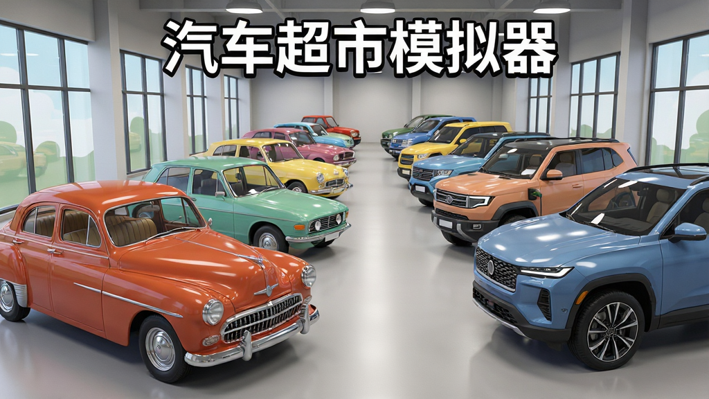 展示一排不同颜色和款式的汽车,从复古轿车到现代SUV,整齐停放在展示厅内。画面采用广角镜头,突出车型的多样性。风格写实与卡通结合,色彩和谐。布局上,车辆从近到远排列,引导视线延伸。顶部有“汽车超市模拟器”字样。排版有序,细节丰富,画质清晰,无多余元素。