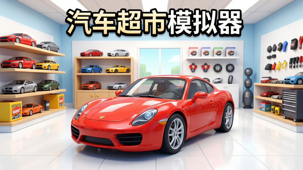画面中央展示一辆崭新的红色跑车,背景是明亮的汽车超市展厅,货架上整齐摆放着各种汽车模型和配件。整体采用卡通渲染风格,色彩鲜艳明亮,细节丰富。布局上,汽车作为视觉焦点位于画面中心偏下,展厅环境延伸至四周。排版干净利落,突出“汽车超市模拟器”的游戏名称。画质高清,光影自然,无多余元素。