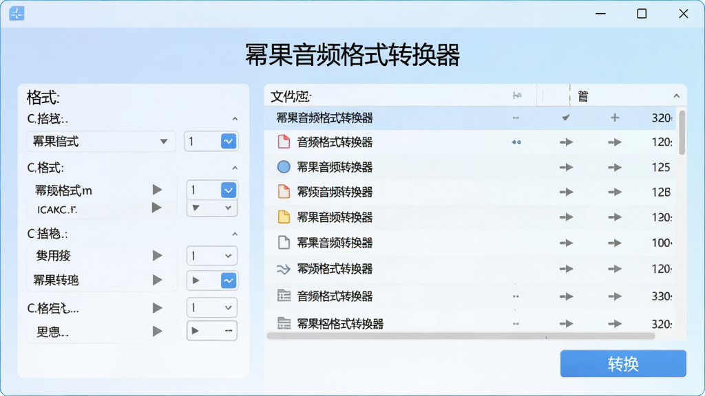 一幅展示幂果音频格式转换器主界面的高清截图,界面包含清晰的格式选择区域、文件列表和转换按钮,背景为淡蓝色渐变,整体风格简洁现代,文字标注“幂果音频格式转换器”字样,画面干净无多余元素,画质清晰细腻