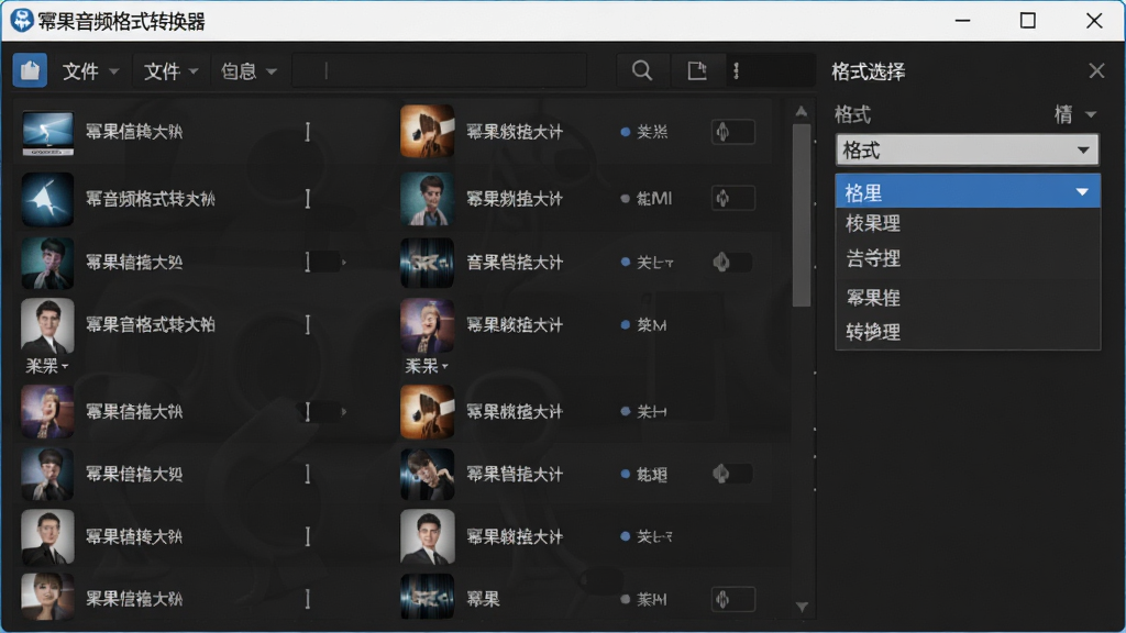幂果音频格式转换器批量操作界面展示,画面左侧为文件列表,右侧为格式选择面板,列表内多首歌曲文件整齐排列,格式下拉菜单高亮显示,整体布局清晰,视觉风格专业简洁,包含“幂果音频格式转换器”界面元素,画质干净无杂物