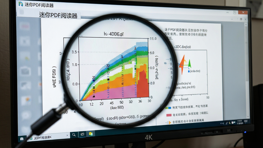 一张特写图,主体是“迷你PDF阅读器”在4K显示器上放大显示PDF文档中的精细图表和文字,布局聚焦屏幕局部,排版强调清晰度,风格写实,细节包括锐利的文字边缘和鲜艳的图表颜色,画质超清,干净无多余元素