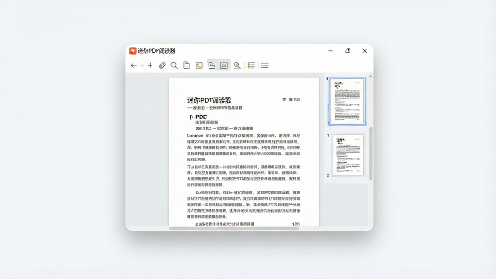 一张产品宣传图,主体是“迷你PDF阅读器”软件界面悬浮在简洁的浅色背景上,界面展示一份打开的PDF文档,排版干净,窗口四角圆润,上方有简化的工具栏图标。布局居中构图,风格为现代扁平化结合轻微拟物阴影,细节包括清晰的文字行和页面缩略图,画质高清,干净无多余元素