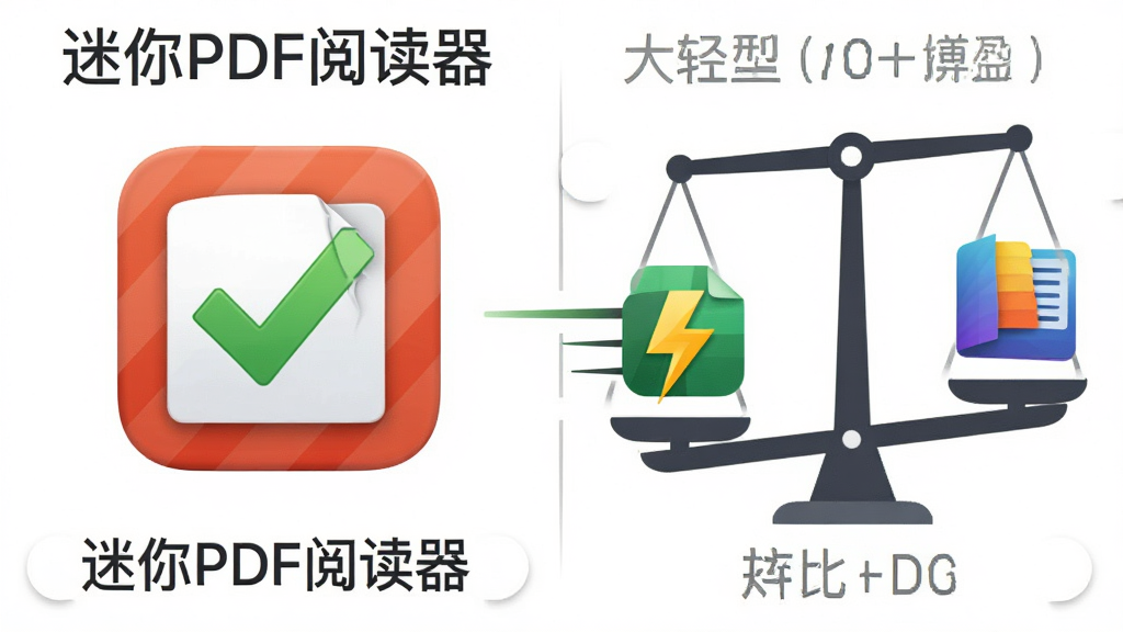 一张对比图,主体左侧是“迷你PDF阅读器”的小体积图标,右侧是其他大型软件的图标,用天平或速度线对比表现轻盈快速。布局左右对比,排版简洁,风格鲜明,细节包括绿色对勾和闪电符号,画质干净无多余元素