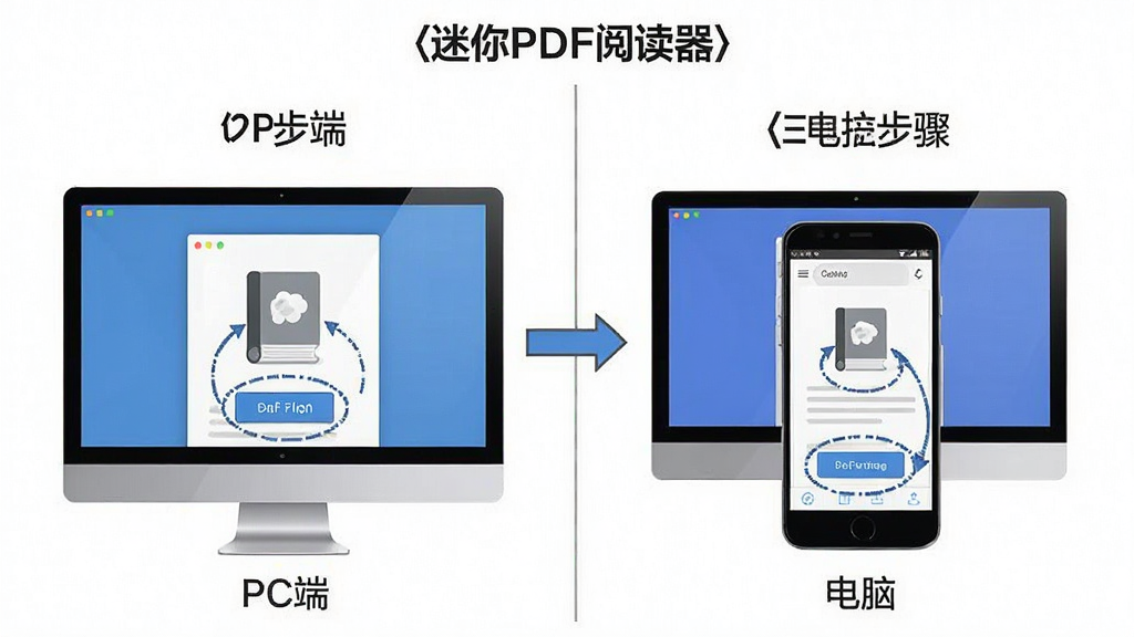 一张使用流程图,主体展示“迷你PDF阅读器”在手机和电脑上的操作步骤,分为左右两栏,左栏为PC端界面,右栏为手机端界面,布局清晰,排版步骤化,风格简洁,细节包括箭头指示和关键按钮圈出,画质干净无多余元素