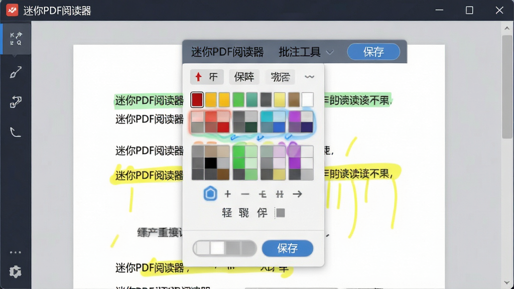 一张界面截图,主体是“迷你PDF阅读器”的批注工具栏展开,页面上有高亮和黄色便签示例,布局居中展示,排版有序,风格界面清爽,细节显示批注颜色选择器和保存按钮,画质高清,干净无多余元素
