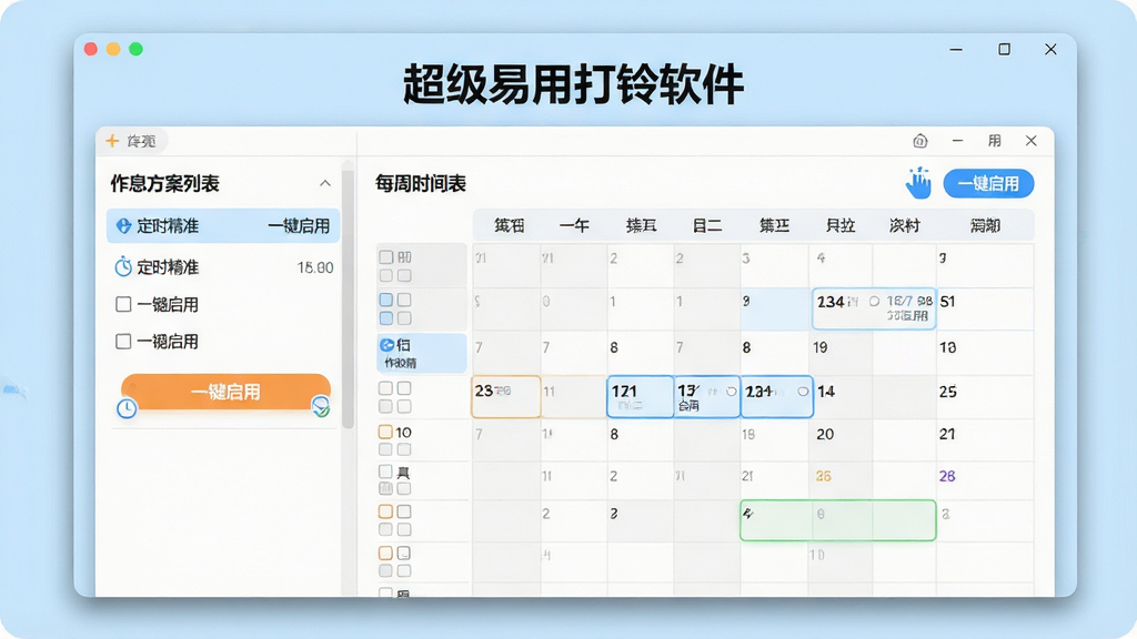 画面主体为“超级易用打铃软件”的电脑端主界面全屏截图展示,界面布局清晰,左侧为“作息方案列表”,右侧为“每周时间表”网格视图,背景采用清爽的浅蓝色调,整体风格简洁现代,界面窗口边缘有柔和的投影效果。排版采用上下结构,上方为软件名称文字标识,下方为界面预览,细节上突出“定时精准”“一键启用”等按钮的高亮状态,画质高清干净,无多余元素。