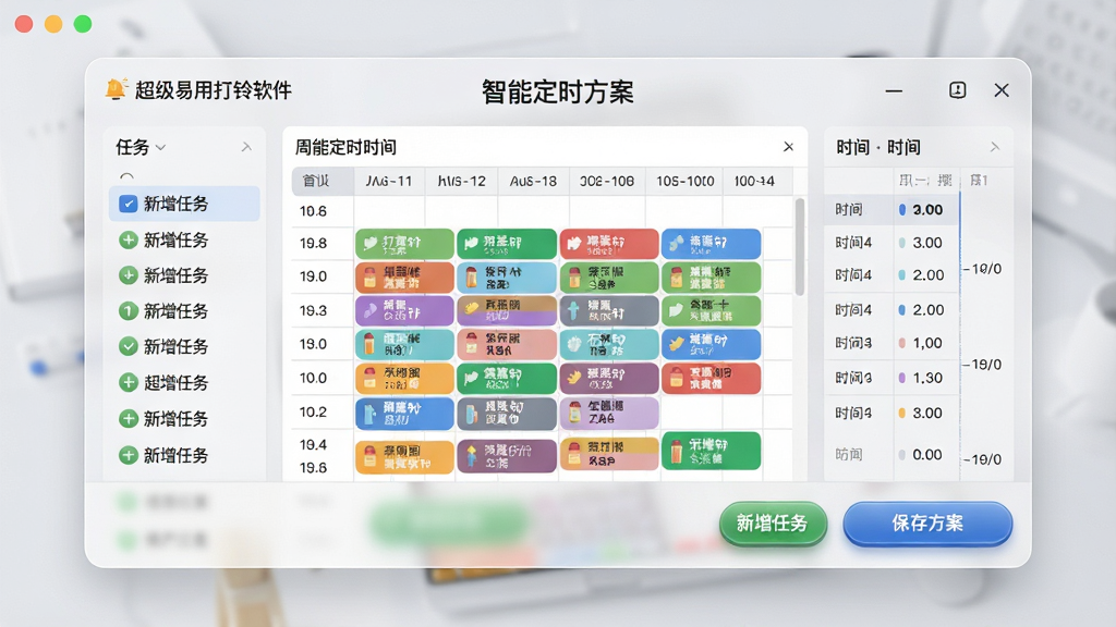 画面主体为“超级易用打铃软件”的“智能定时方案”编辑弹窗界面,弹窗内展示了一个周循环时间表的配置页面,表格中填满了不同颜色标识的打铃任务点。布局采用中心聚焦,弹窗背景为淡灰色半透明毛玻璃效果,排版整齐,左侧为任务列表,右侧为时间轴设置面板。细节上突出“新增任务”“保存方案”等按钮的立体质感,画质高清明亮,风格现代简约,干净无多余装饰。
