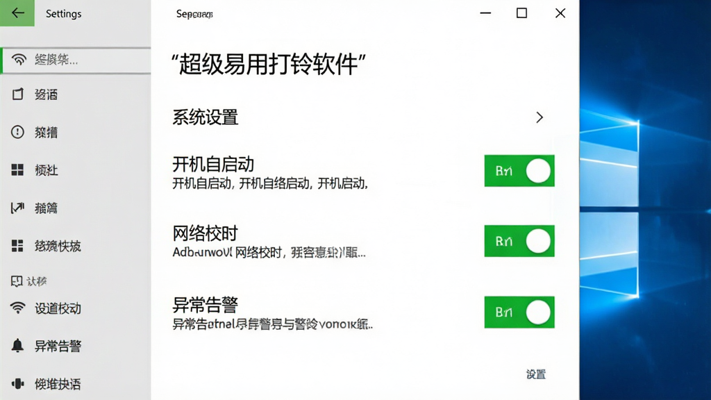 画面主体为“超级易用打铃软件”的设置页面,展示“系统设置”选项,包含“开机自启动”“网络校时”“异常告警”等开关按钮,背景为简洁的Windows设置风格,整体为浅白色调,排版整齐,功能开关处于开启状态并高亮绿色,细节上清晰显示各项设置的文字说明,画质干净清晰,无多余元素。