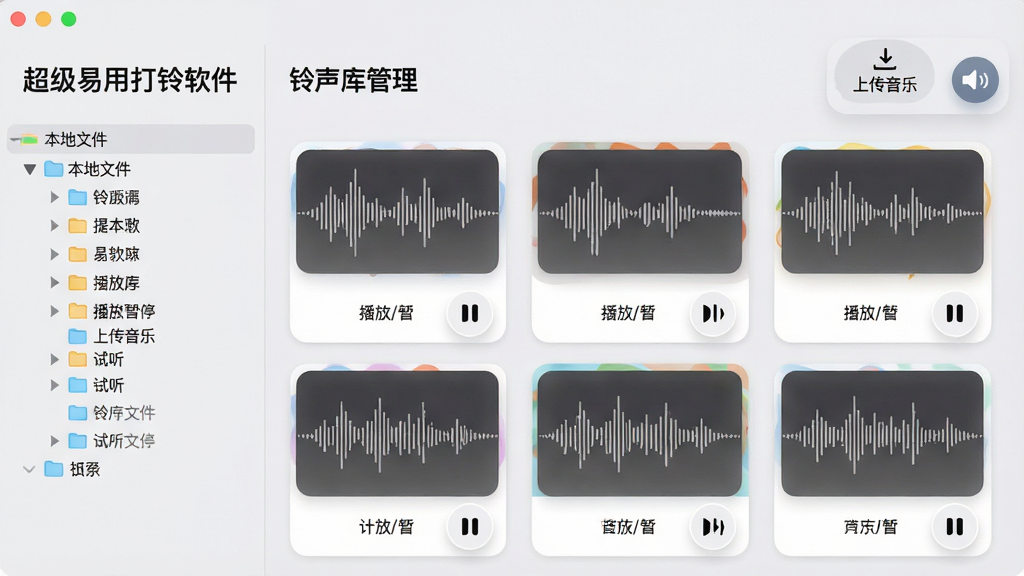 画面主体为“超级易用打铃软件”的“铃声库管理”页面,页面内以网格卡片形式展示了多个铃声文件,每个卡片上带有音频波形图和“播放/暂停”小图标。布局采用左右分栏,左侧为本地文件夹目录树,右侧为铃声列表。背景为浅灰色,排版错落有致,细节上突出“上传音乐”和“试听”图标,画质细腻柔和,整体干净清爽无杂乱元素。