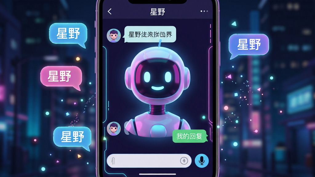 ���壺һ�������Ƽ������λ�ɫ�ʵ���ҰAPP����������ڽ��棬����������һ������������AI��ɫ���������΢Ц�����֣��������ֻ�����Ϊ���壬�ֻ���Ļռ���Ӿ����ģ���Χ������΢��������Ư���ĶԻ����ݣ���������ʾ����Ұ���������Ű棺�ֻ���Ļ��չʾ������棬���Ϊ�Է���Ϣ���Ҳ�Ϊ�ҵĻظ����ײ�����������˷�ͼ�ꡣ���������������Ԫ�ںϣ�ɫ�����죬�߱��Ͷȵ��޺�ɫ������Ӱ��͡�ϸ�ڣ���Ļ��Ե��ϸС�ķ���������������ģ���ĳ���ҹ�������ʸ��壬�ɾ����޶���Ԫ�ء�