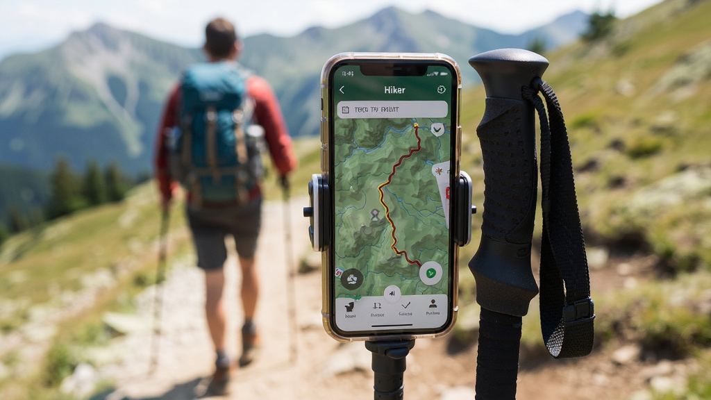 һ��HikerӦ���ڻ��ⳡ����ʹ�õ�ʵ����Ƭ���ֻ��̶��ڵ�ɽ���ϣ���Ļ��ʾ�켣��ͼ��������ͽ������ɽ��С�������дʵ��������Ȼ�����ʸ��壬�ɾ��޶���Ԫ��