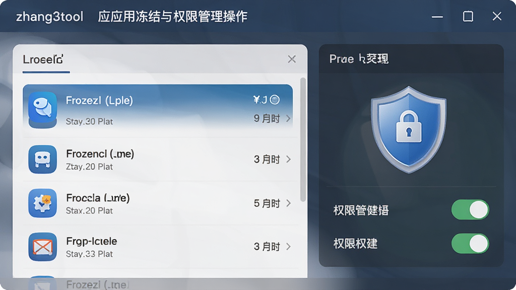 zhang3toolӦ�ö�����Ȩ�޹����������棬չʾ�Ѷ���Ӧ���б���Ȩ�޿��أ����ж��ư�ȫͼ�꣬������ɫ���ʣ���Ϣ�㼶���������廭�ʣ��޶���Ԫ��