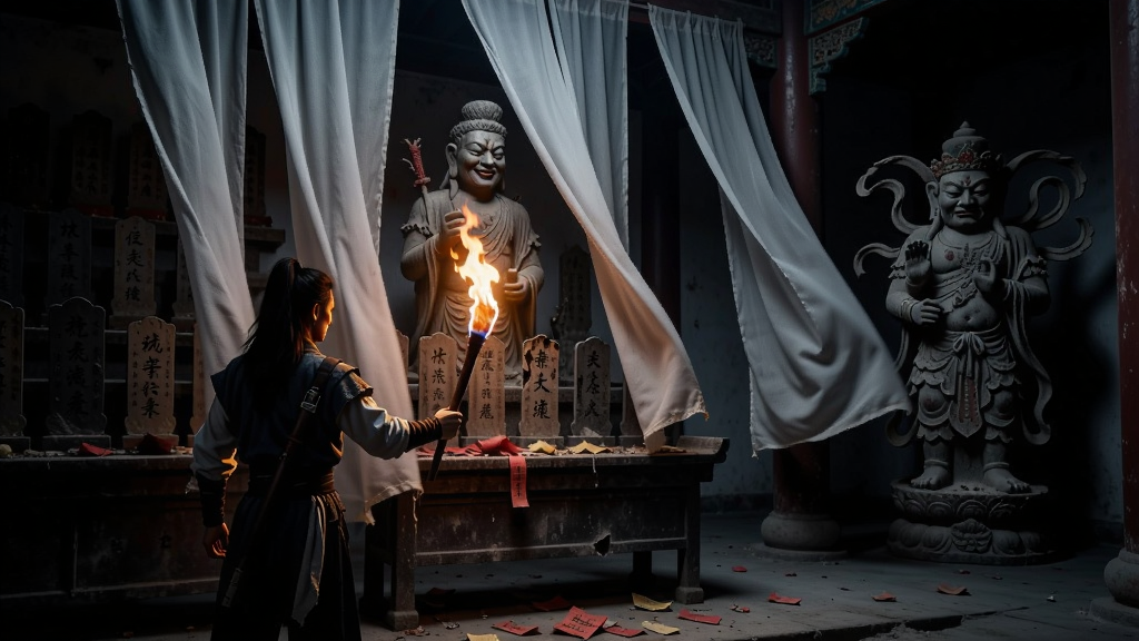 主体:一名侠客手持火把,站在一座古老而阴森的祠堂内,四周是布满灰尘的牌位与飘动的白色帷幔,角落有一尊诡异的神像。布局:侠客位于画面左侧,光源从火把发出,照亮中央的神像与牌位,右侧是黑暗的未知区域。排版:纵向构图,明暗对比强烈,营造出恐怖氛围。风格:写实古风,光影运用巧妙,色彩偏冷。细节:神像面容模糊但带着诡笑,牌位上的字迹斑驳,帷幔无风自动,地面有散落的纸钱。画质:4K超清,光影细节出色,画面干净无多余元素。