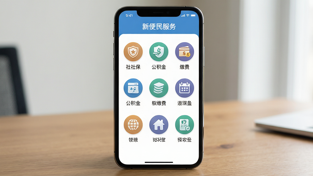 ���壺�����ֻ���Ļչʾ�°���APP�ı������ҳ�棬�������Բ�ι���ͼ�ꡣ���֣��ֻ�ֱ���������ϣ���Ļ����������ߡ��Ű棺ͼ�����������У�ÿ��ͼ���·������ֱ�ǩ�����UI��Ʒ��ɫ�����£�ͼ�꾫�¡�ϸ�ڣ�ͼ������籣�������𡢽ɷѡ��Һŵȡ����ʣ����壬�ɾ����޶���Ԫ��