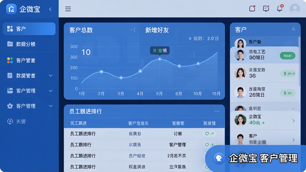 ��΢��������̨���棬���Ϊ���ܵ��������Ҳ�չʾ�ͻ��б��ͱ�ǩ���顣��������Ϊ���ݿ��壬����Ϊ���·������Ϸ���ʾ�ͻ�������������������ͼ���·�ΪԱ���������б�������UI��Ʋ�����ɫ�Ƽ��з��ͼ��Բ���������������ʸ��壬�ɾ��޶���Ԫ�أ�ͼƬ���ֱ�ע����΢�� �ͻ���������