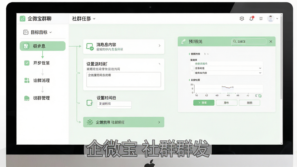 ��΢��������Ⱥ�������棬չʾȺ�����񴴽����̣�����ѡ��Ŀ��Ⱥ�ġ��༭��Ϣ���ݡ����÷���ʱ��Ȳ��衣��������Ϊ���Զ˲������棬����Ϊ��ʽ�ֲ���������ಽ�������Ҳ�Ԥ�����ڡ�������Ʋ���ǳ��ɫ���ɫ���䣬����ͼ�����������ʸ��壬�޶���Ԫ�أ�ͼƬ���ֱ�ע����΢�� ��ȺȺ������