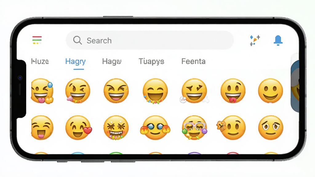 图片展示Emoji表情贴图软件主界面,手机屏幕中显示丰富的emoji表情网格布局,顶部有搜索栏和分类标签,整体风格活泼明亮,色彩鲜艳,界面整洁干净,高清渲染,无多余元素
