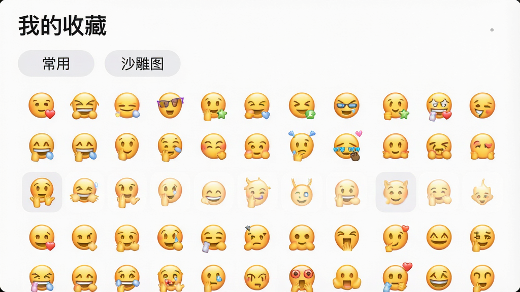 展示Emoji表情贴图软件的收藏夹界面,顶部显示“我的收藏”标题,下方为自定义分组标签,如“常用”、“沙雕图”,每个标签下有对应的表情缩略图,界面清晰易用,色彩柔和,高清渲染,无多余元素