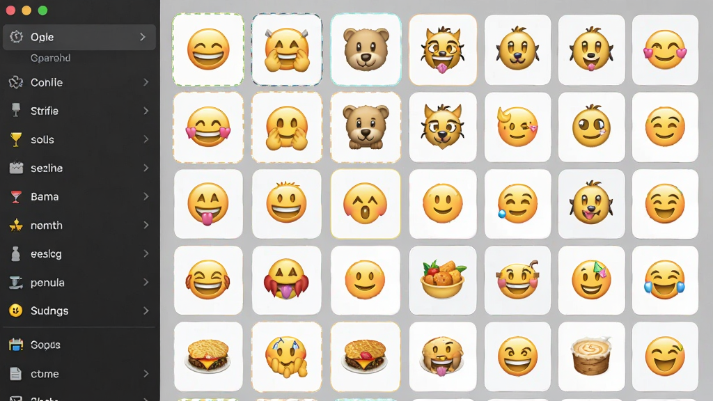 展示Emoji表情贴图软件的资源库界面,左侧为分类列表,右侧展示各种表情符号大集合,包括笑脸、动物、食物等,界面采用卡片式设计,色彩丰富,高清细节,干净无多余元素