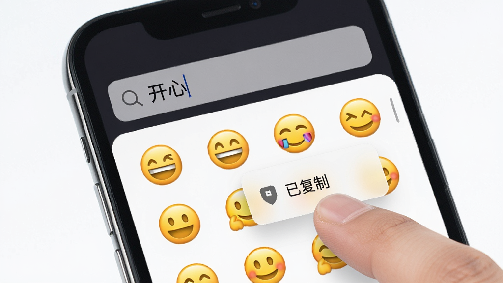 展示Emoji表情贴图软件搜索功能,手机屏幕中显示搜索框内输入“开心”,下方列出相关的笑脸表情,其中一个表情被手指点击并弹出“已复制”提示,界面简洁现代,高清画质,无多余元素