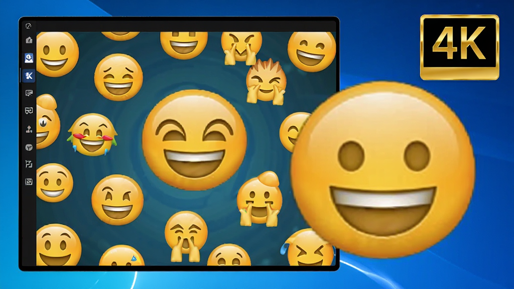 展示Emoji表情贴图软件的高清输出功能,屏幕中有一张用表情贴图装饰的图片,放大后细节依然清晰,旁边有分辨率标识“4K”,背景为渐变蓝色,科技感十足,高清画质,无多余元素