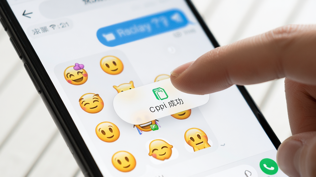 展示Emoji表情贴图软件在手机上的使用场景,手指点击某个表情,屏幕弹出复制成功提示,背景为聊天界面,界面简洁明亮,高清细节,无多余元素