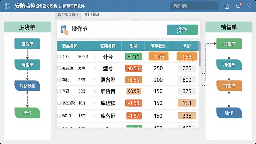 主体:安防监控设备批发零售进销存管理软件的库存管理界面,显示商品列表和库存余量;布局:界面占据画面中央,左右两侧分别展示进货单和销售单流程图;排版:表格形式整齐排列,商品名称、型号、库存数量、单价等栏目清晰;风格:扁平化设计,色彩清新;细节:库存数字高亮显示,操作按钮醒目;画质:清晰锐利,干净无多余元素。